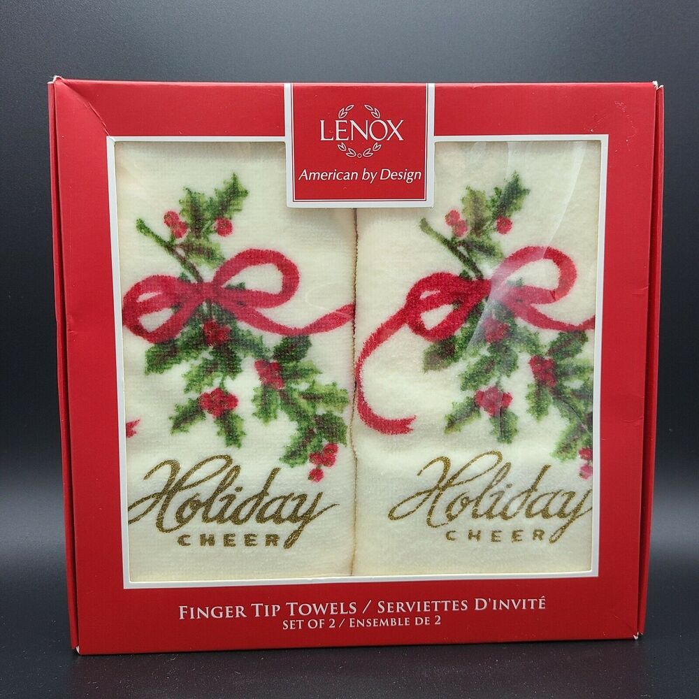 Lenox Holiday Cheer Fingertip Towels Cream Set of 2 Metallic Gold Script NWT
